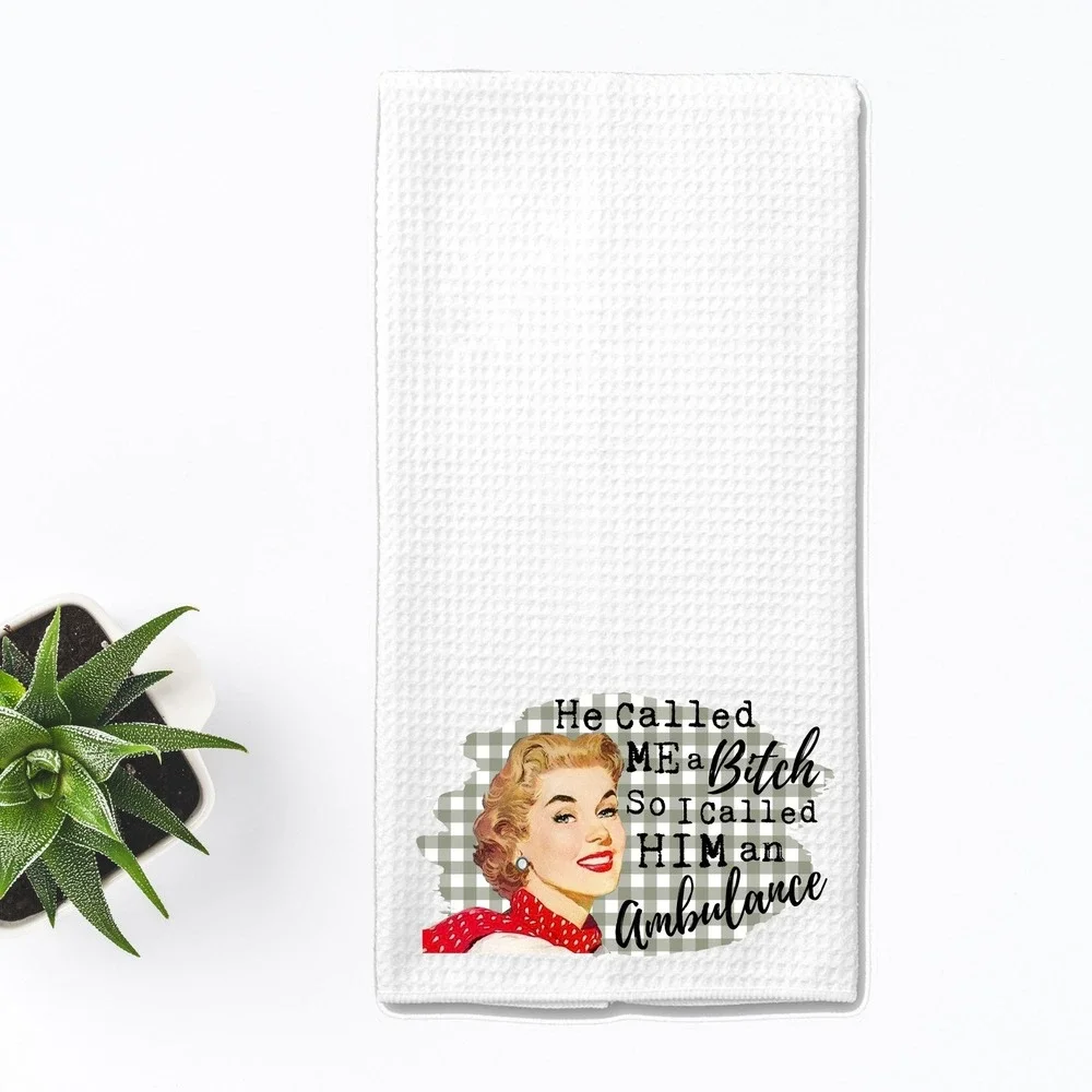 Funny Retro Waffle Weave Kitchen Towel Sarcastic Vintage Woman Graphic White